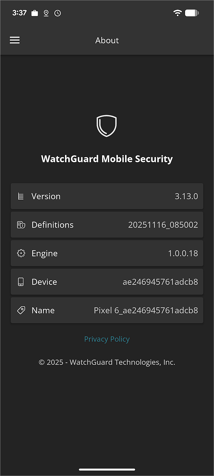 Screenshot of WatchGuard Mobile Security app confirmation on Android device